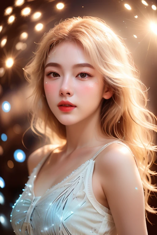 (The upper body of a woman wearing a white frilly sleeveless shirt), surrealism, A digital way to face reality, (beautiful face_delicate features, clear and pale skin), long white hair, spaced objects, (light의 소녀_ Body line made of transparent luminous body ), (jewel_particle, outline: 1.2), light_line, light, light particle, (girl made of lines of light: 1.3, wearing lines of light), density of lines, (Blazing white blonde hair_messy thick wavy hair, lines of light), (best quality, 4K, 8k, high resolution, masterpiece: 1.2), very detailed, (realistic, realistic, realistic: 1.37), HDR, uhd, studio lighting, sharp focus, Physically based rendering, very detailed 설명, professional, vivid colors,