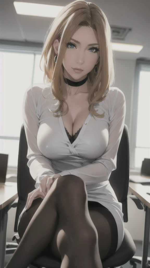 (((Highest quality, High resolution, , Pixel Perfect, 4K))),((Correct Anatomy)),((Woman in office room, Sexy pose))), ((Highest quality)), ((Complex and detailed)), ((Surreal)), ((White blouse)),An absurd solution, Mature Woman, Mature Woman, perspective, Very detailed,OL、Great style、(Long blonde hair)、glamorous、suit、Tight mini skirt、Black Pantyhose、High heels、office、The whole body is visible、((The chest is open)), ((Sit in an office chair))、((Crossing your legs))、One Woman, ((Big Breasts)), Perfect hands, Detailed fingers, Beautiful details, chief executive officer(chief executive officer(CEO)), (ビジネスsuit:1.2), Black choker, Earrings, Black Stockings, Perfect Eyes, Seductive eyes