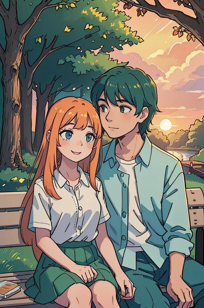 1 guy man, 1 girl, sitting on a bench, park, girl with a long hair, stunning sunset lighting, realistic landscapes, beautiful detailed eyes, gentle smile, best quality, ultra-detailed, romantic atmosphere, sunset colors, warm and soft lighting, lovers in the park, happy and relaxed facial expression, subtle and natural poses, soft wind, sun rays shining through the trees, peaceful and serene setting, happy couple enjoying the moment, beautiful summer evening, green lushness, bright colors, dreamy atmosphere, whispering sweet words, sparkling eyes, sunset glow, couples in love, romantic date, Love is in the air, girl in a shirt and skirt