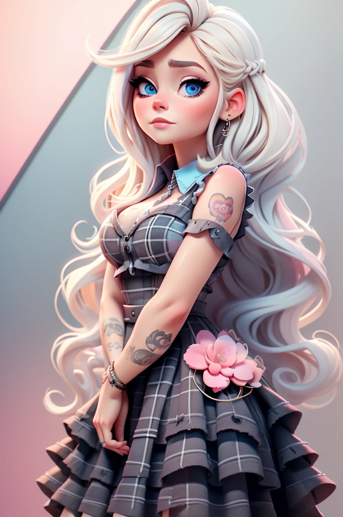 avril lavigne, plaid black and white dress, blue eyes, hair blonde and pink ombre, makeup, big eyelash, perfect, 8k