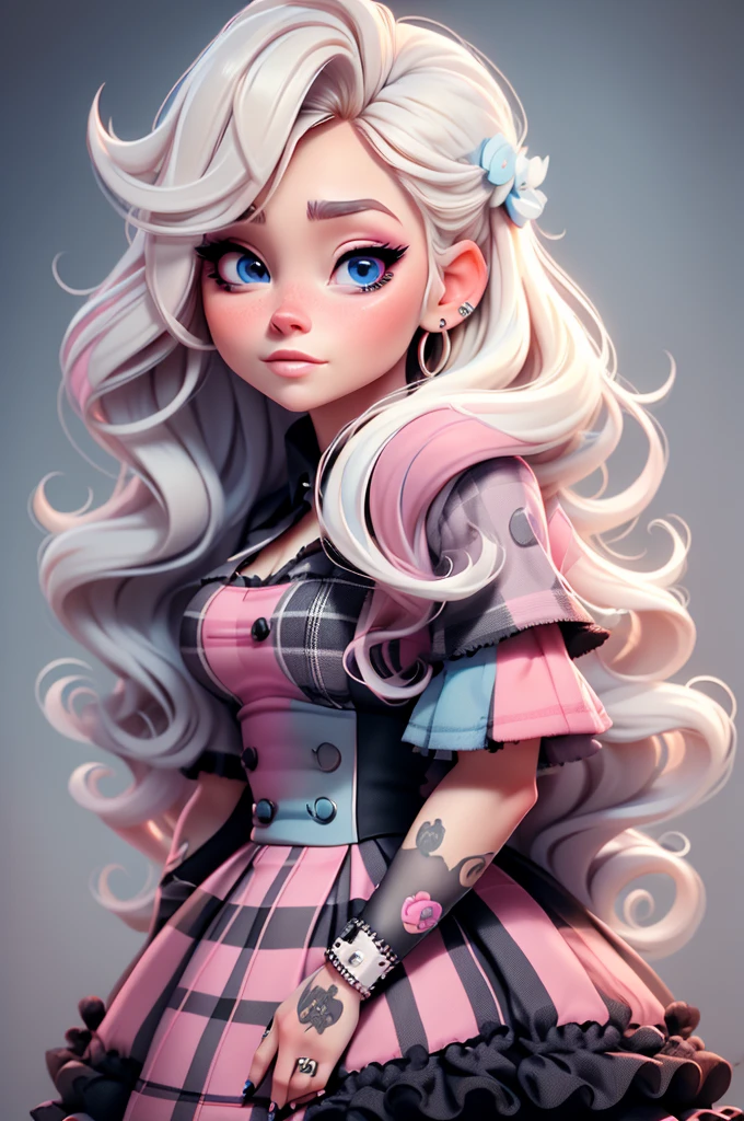 avril lavigne, plaid black and white dress, blue eyes, hair blonde and pink ombre, makeup, big eyelash, perfect, 8k
