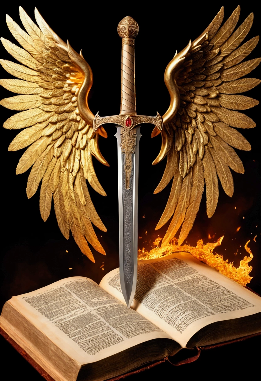 Golden double-edged sword, There is an angel wing in the middle ,Behind the Sword, The sword rests on top of an ancient Bible ,Open in gold letters,And engulfed in flames ,Create a harmonious and striking composition