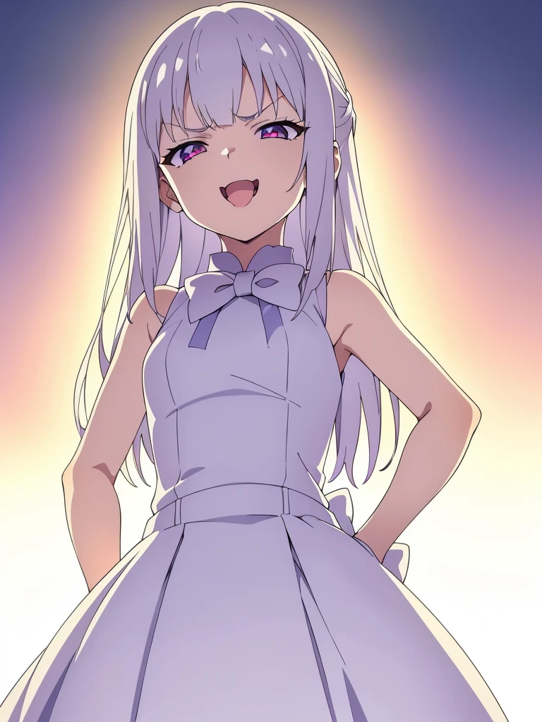 (1girl,8 years old,small),white hair,long hair,white dress, sleeveless, bow tie, bare shoulders,(white background,line drawing),(ojou-sama pose),angry,smile,upper body,looking at view,from below, hand on hip,squinted eyes,:D, tongue out,evil smile,from below