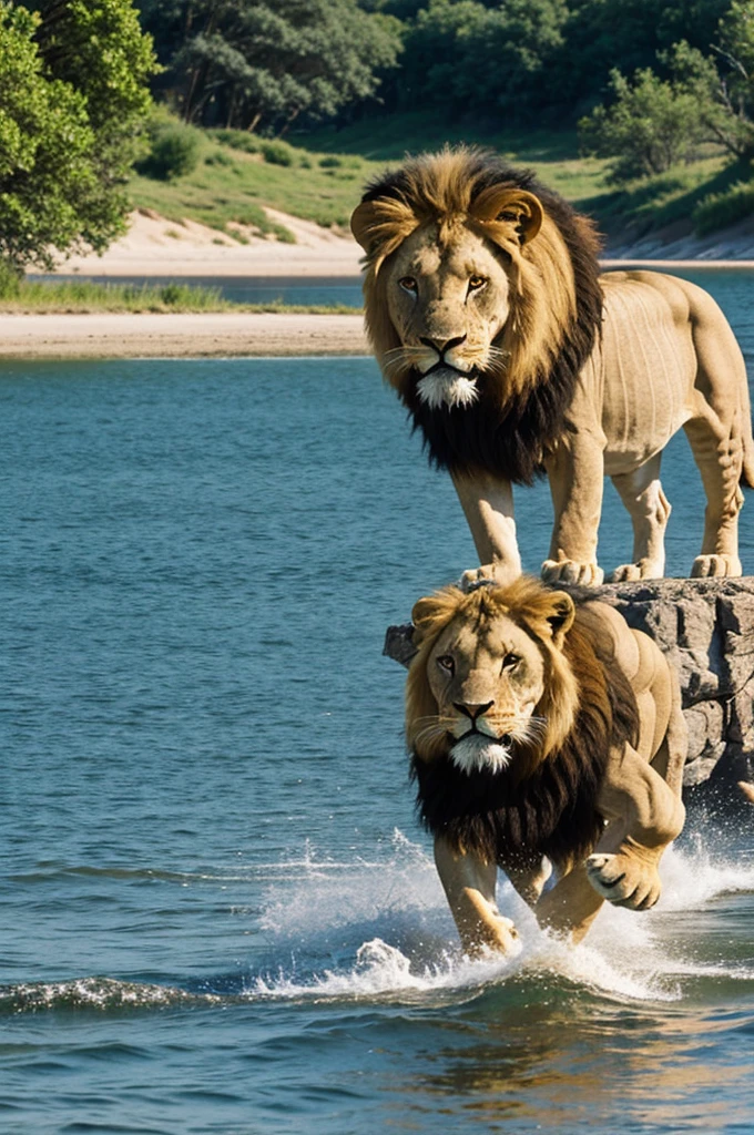 Cartoon image of a saber tooth lion type Pokémon fighting on the shore of a lake