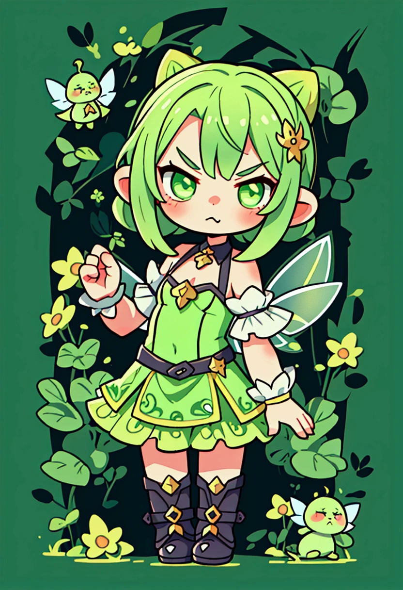 fairy girl, shady, green fairy, smol, cute, kawaii, angry, pouting, loser, losing pose, emote, character portrait,