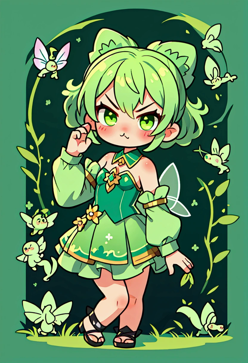 fairy girl, shady, green fairy, smol, cute, kawaii, angry, pouting, loser, losing pose, emote, character portrait,