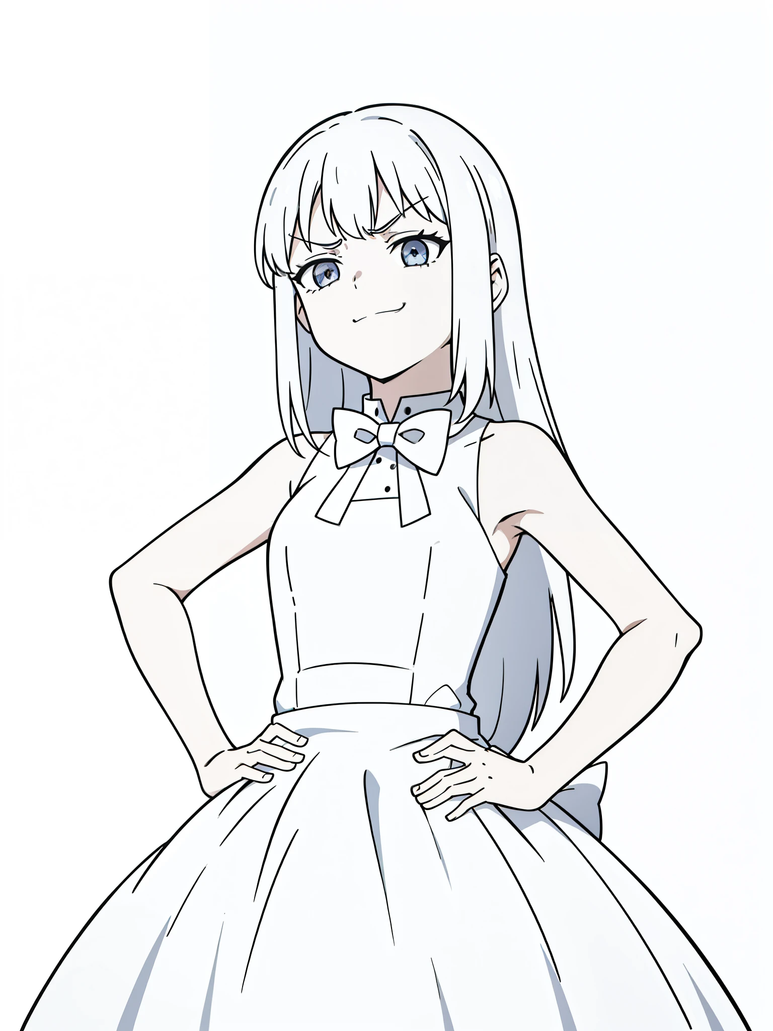 (1girl,,small),white hair,long hair,white dress, sleeveless, bow tie, bare shoulders,(white background,line drawing),(ojou-sama pose),angry,smile,upper body,looking at view,from below,laughing, hand on hip, naughty face, smug