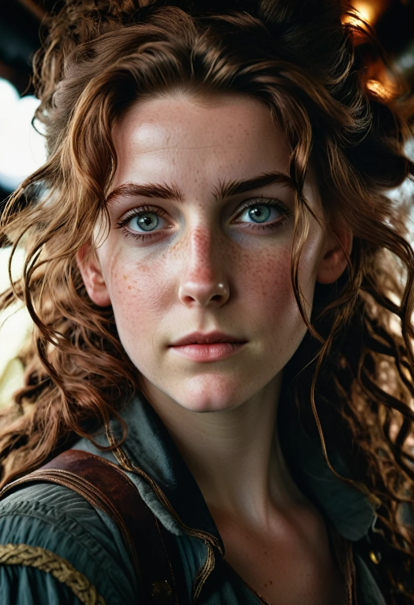 (editorial photography of Aerith Gainsborough), (highly detailed face:1.4), no close-up, (smile:0.4), (background inside dark, moody, private:1.3), steampunk pirate's airship, nikon d850, stock photography, kodak portra 400 film ,camera f1.6 lens, bokeh, analog style, rich colors, hyper realistic, lifelike texture, dramatic lighting, cinestill 800, messy hair, serious, (freckles:0.4), pale skin, cute sexy