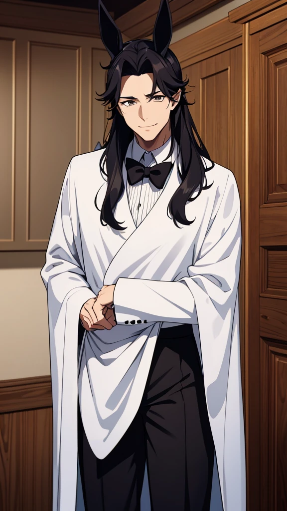 Black rabbit ears,Butler,male,Peeking into this,A white cloth is draped over his left arm.,Are standing,Butlerの格好をしたmale,High resolution, Ultra high definition, High-resolution model, Black Hair, Animal ears, Hairy ears,Bedroom smile, Black clothes,male性,Western-style interior