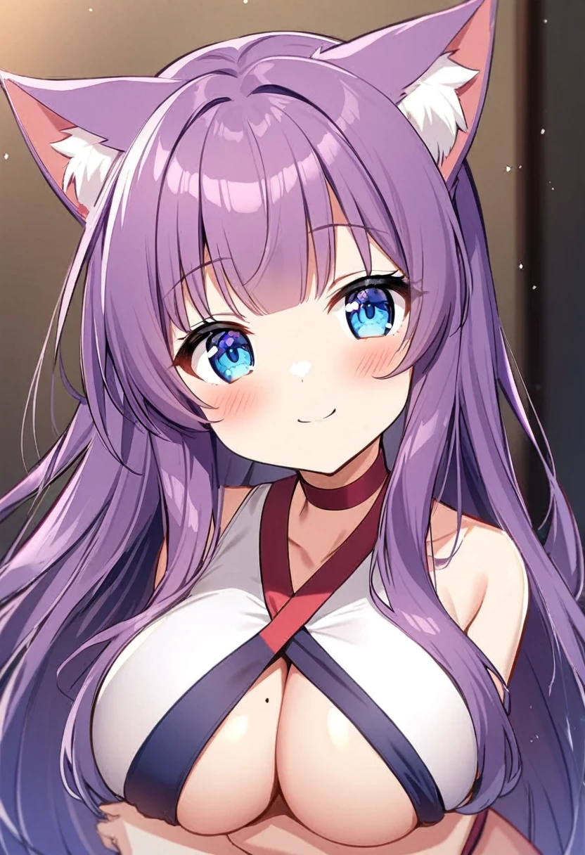 1girl, Blue eyes, Long Hair, Bangs, Purple Hair, Breasts, Smile, Blush, Light Smile, cat ears