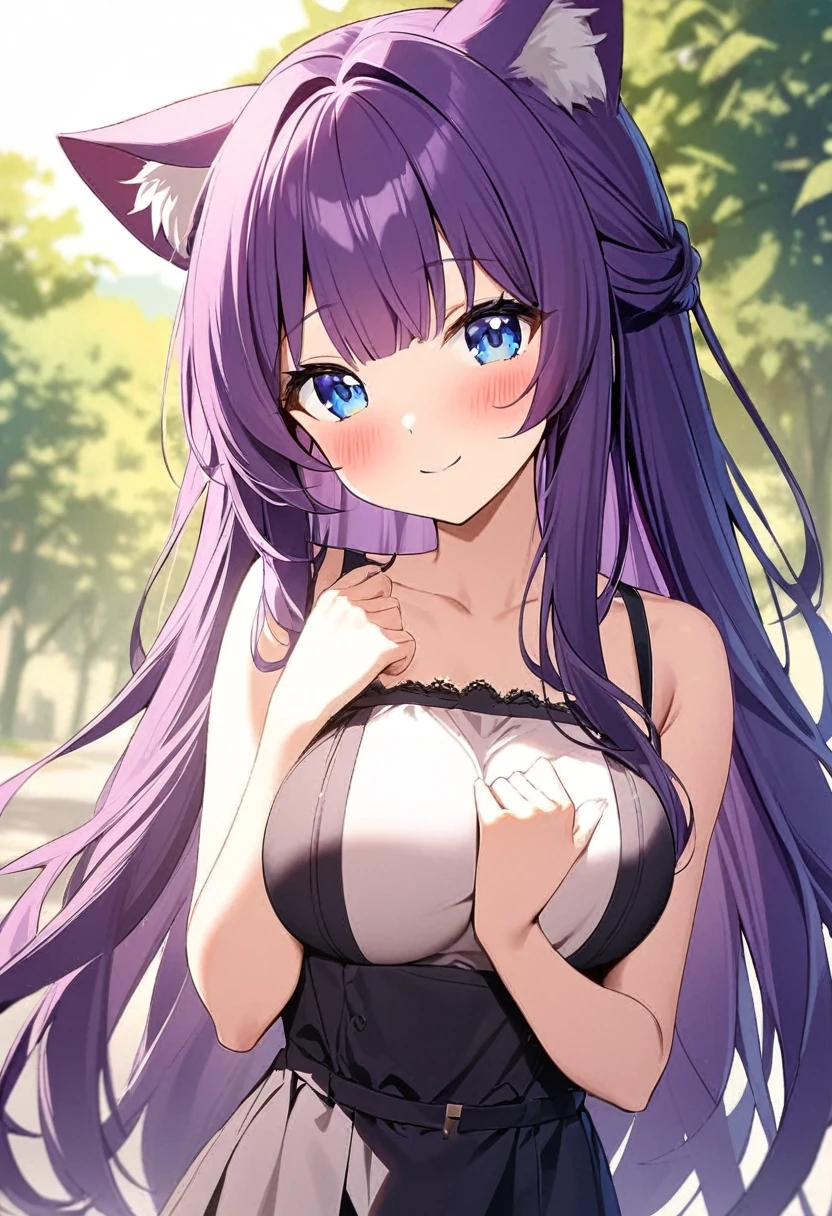 1girl, Blue eyes, Long Hair, Bangs, Purple Hair, , Smile, Blush, Light Smile, cat ears