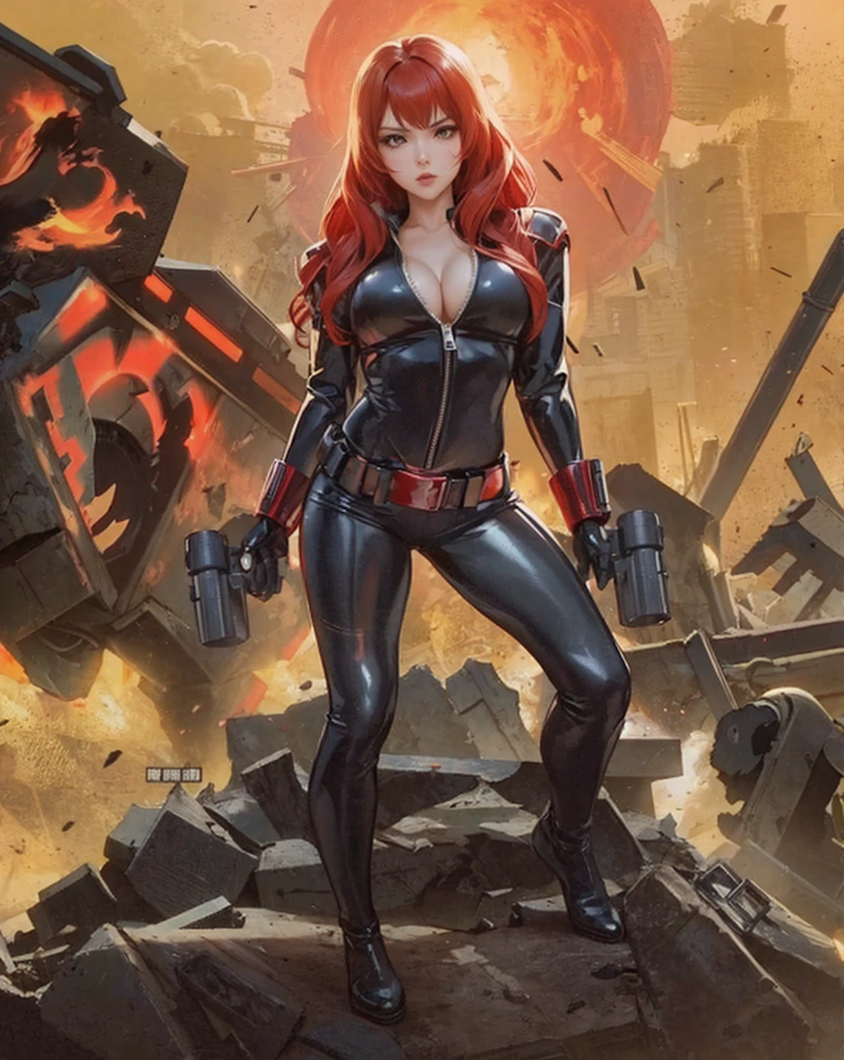 an anime girl with red hair, identified as Black Widow from Marvel comics. She's dressed in a sleek skin-tight shiny black latex bodysuit with a deep-cut zipper neckline revealing a large chest, the silver zipper running down the front paired with a golden belt and golden wrist guard, and she carries two guns. Posing on a pile of rubble, she seems prepared for battle amidst a war-torn city in ruins. The background includes detonations and a war scene, enhancing the ambiance of tension and destruction.
