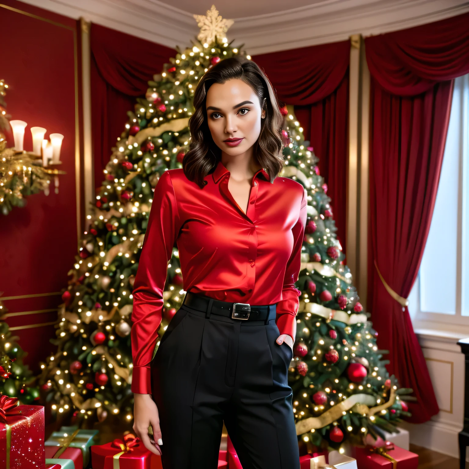 araffe woman in red shirt and black pants standing in front of a christmas tree, wearing a red outfit, wearing an elegant outfit, by Emma Andijewska, red clothes, holiday season, red elegant shirt, wearing festive clothing, office clothes, promo image, wearing red formal attire, gal gadot china plate, high quality image, classic portrait