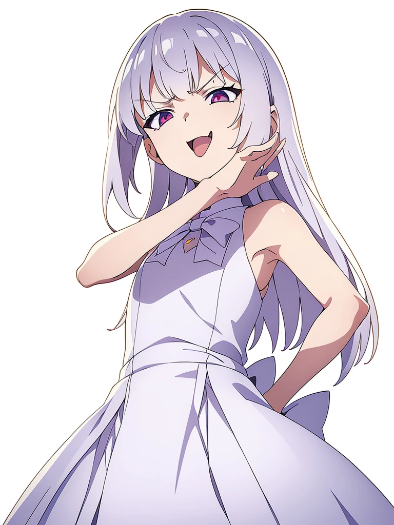 (1girl,8 years old,small),white hair,long hair,white dress, sleeveless, bow tie, bare shoulders,(white background,line drawing),(ojou-sama pose),angry,smile,upper body,looking at view,from below, hand on hip,squinted eyes,:D, tongue out,evil smile,from below