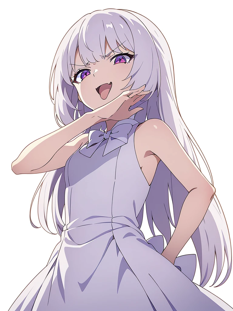 (1girl,8 years old,small),white hair,long hair,white dress, sleeveless, bow tie, bare shoulders,(white background,line drawing),(ojou-sama pose),angry,smile,upper body,looking at view,from below, hand on hip,squinted eyes,:D, tongue out,evil smile,from below