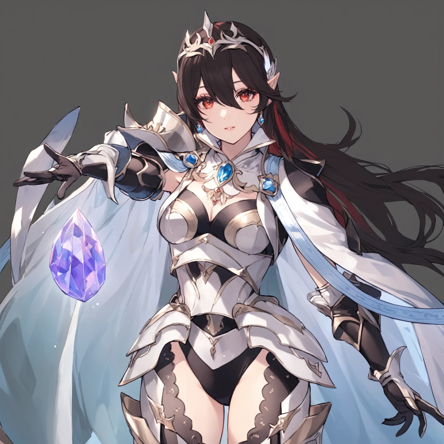 masterpiece, best quality, good quality, Fantasy aesthetics, Highly detailed, shadowverse style, female, elf, red hair, black and white hair mix