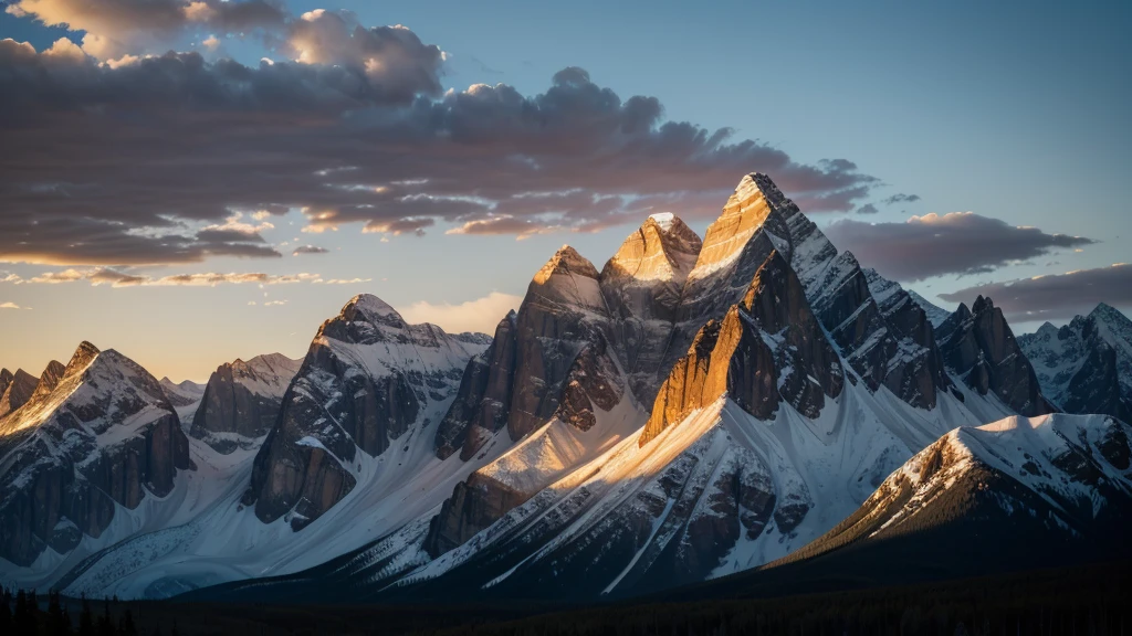 A wide angle landscape shot of gigantic rocky mountains with the sun rising behind them, casting a golden glow across the peaks and illuminating the rugged terrain, with a clear sky and a few scattered clouds, shot with a Sony A7R IV, 28mm lens, vibrant colors