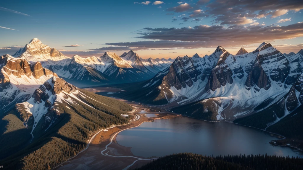 A wide angle landscape shot of gigantic rocky mountains with the sun rising behind them, casting a golden glow across the peaks and illuminating the rugged terrain, with a clear sky and a few scattered clouds, shot with a Sony A7R IV, 28mm lens, vibrant colors