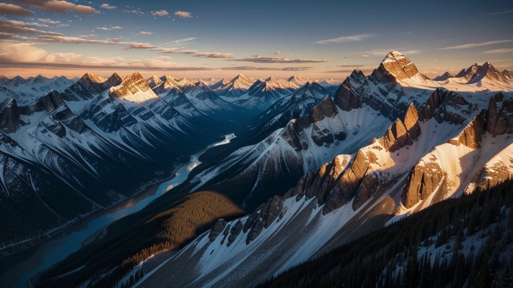 A wide angle landscape shot of gigantic rocky mountains with the sun rising behind them, casting a golden glow across the peaks and illuminating the rugged terrain, with a clear sky and a few scattered clouds, shot with a Sony A7R IV, 28mm lens, vibrant colors