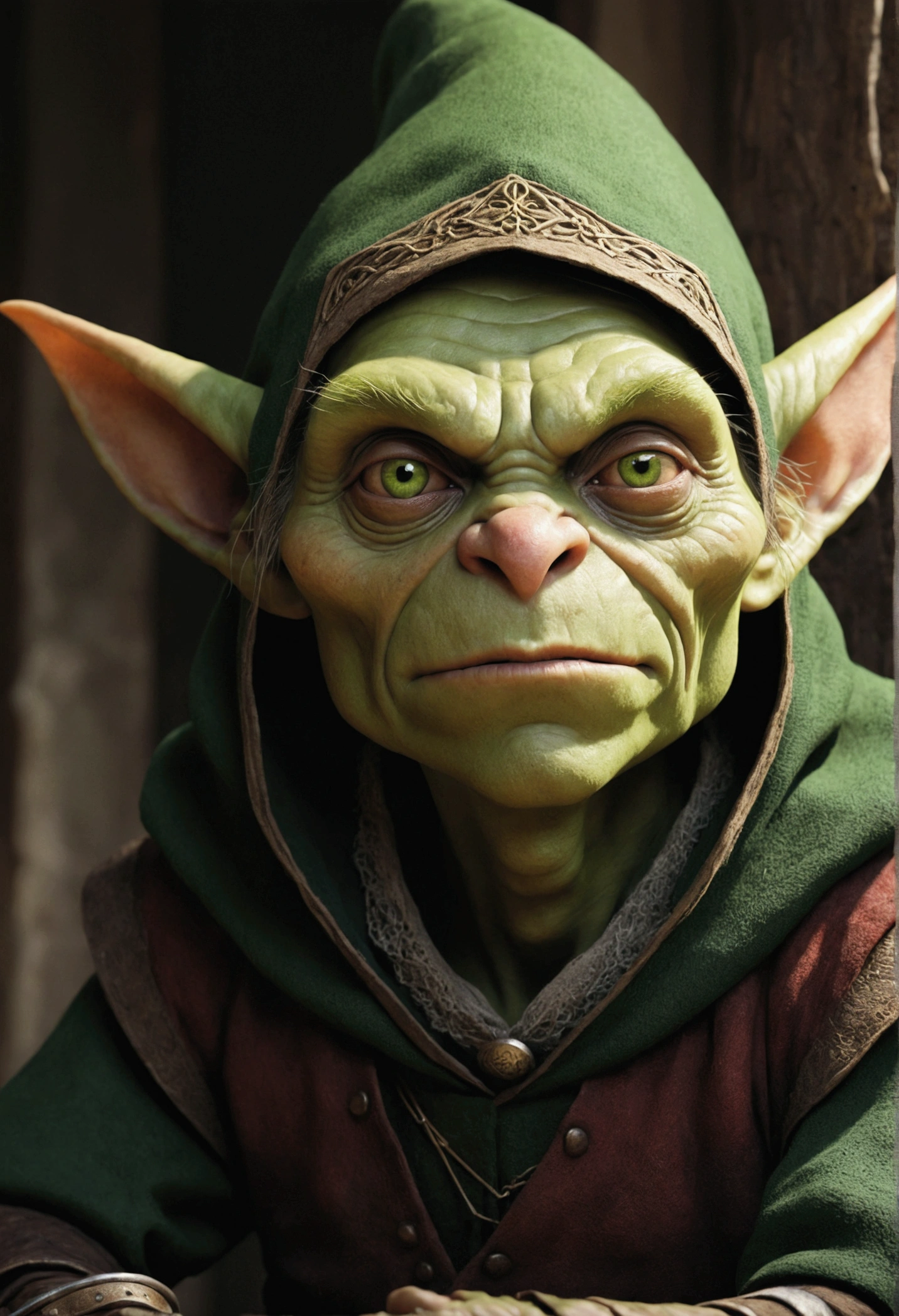 young green-skinned, sharp-toothed visible tooth, roguish dressed, (roguish clothes, medieval clothes) with a hood up goblin sits in the shadows. The goblin is acting as a sentinel. The details of the goblin's hood is visible, showing its worn nature. The green skin of the goblin is vibrant, emphasizing its otherworldly appearance. the goblin is young, about 20 years old, has a sharp, green, smart but slightly menacing face. (nice face, normal green nose, face of a magic adept, goblin face). The lighting in the scene is dim, with a subtle glow casting eerie shadows on the goblin's face and surroundings. The overall image quality is of the highest standard, with ultra-detailed textures and a photorealistic rendering. The artwork is depicted in a medium that best showcases its unique style and texture, whether it be an illustration, oil painting, 3D rendering, or photography. The color palette is dominated by earthy tones, with a focus on various shades of green to complement the goblin's appearance.
