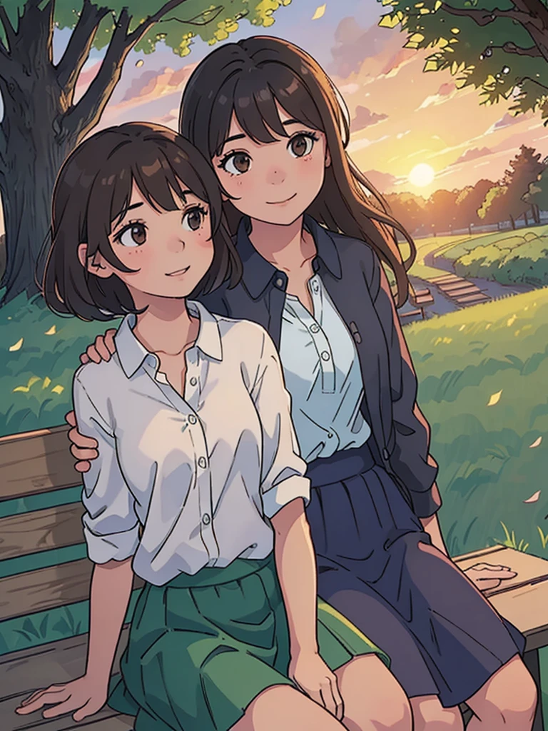 1 guy, 1 girl, sitting on a bench, park, boy with extra short black hair and dark brown skin tone, girl with loose wavy brown hair, stunning sunset lighting, realistic landscapes, beautiful detailed brown eyes, gentle smile, best quality, ultra-detailed, romantic atmosphere, sunset colors, warm and soft lighting, lovers in the park, happy and relaxed facial expression, subtle and natural poses, soft wind, sun rays shining through the trees, peaceful and serene setting, happy couple enjoying the moment, beautiful summer evening, green lushness, bright colors, dreamy atmosphere, whispering sweet words, sparkling eyes, sunset glow, couples in love, romantic date, Love is in the air, girl in a shirt and skirt