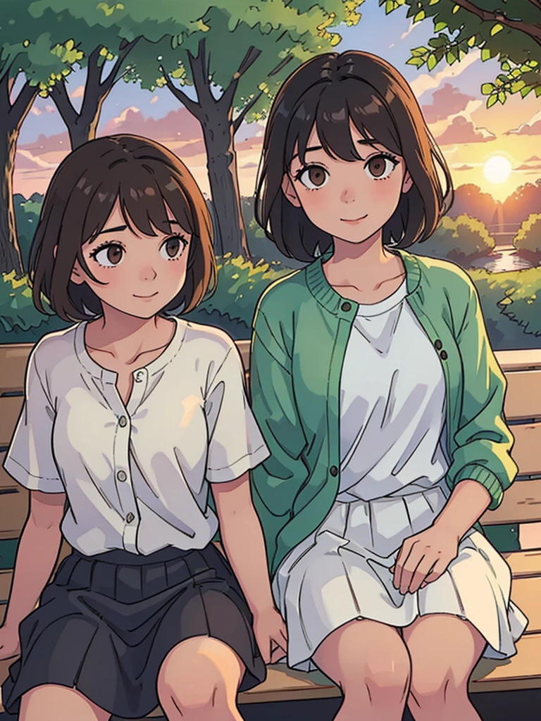 1 guy, 1 girl, sitting on a bench, park, boy with extra short black hair and dark brown skin tone, girl with loose wavy brown hair, stunning sunset lighting, realistic landscapes, beautiful detailed brown eyes, gentle smile, best quality, ultra-detailed, romantic atmosphere, sunset colors, warm and soft lighting, lovers in the park, happy and relaxed facial expression, subtle and natural poses, soft wind, sun rays shining through the trees, peaceful and serene setting, happy couple enjoying the moment, beautiful summer evening, green lushness, bright colors, dreamy atmosphere, whispering sweet words, sparkling eyes, sunset glow, couples in love, romantic date, Love is in the air, girl in a shirt and skirt