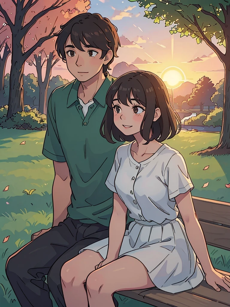1 guy, 1 girl, sitting on a bench, park, boy with extra short black hair and dark brown skin tone, girl with loose wavy brown hair, stunning sunset lighting, realistic landscapes, beautiful detailed brown eyes, gentle smile, best quality, ultra-detailed, romantic atmosphere, sunset colors, warm and soft lighting, lovers in the park, happy and relaxed facial expression, subtle and natural poses, soft wind, sun rays shining through the trees, peaceful and serene setting, happy couple enjoying the moment, beautiful summer evening, green lushness, bright colors, dreamy atmosphere, whispering sweet words, sparkling eyes, sunset glow, couples in love, romantic date, Love is in the air, girl in a shirt and skirt