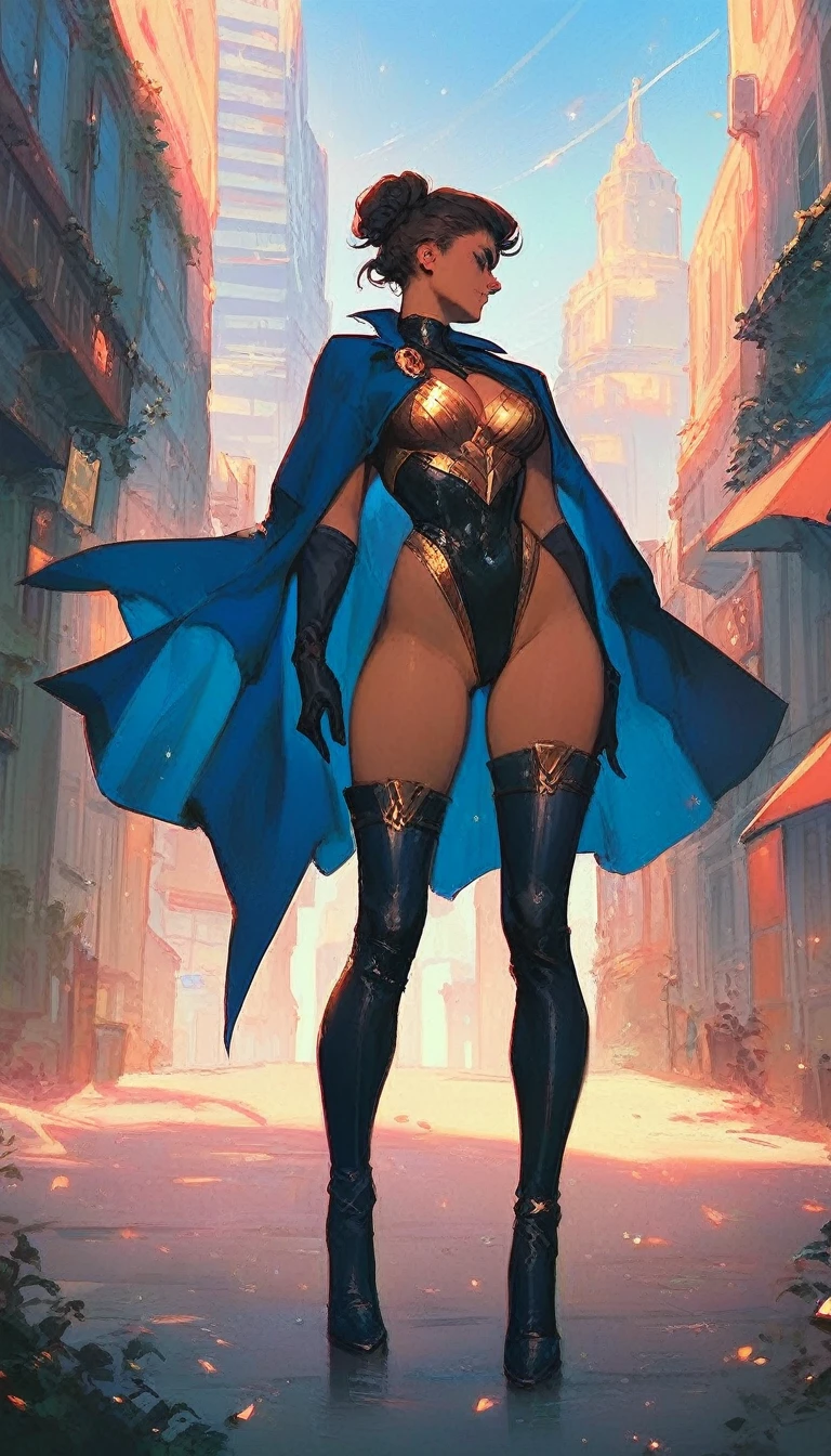 Gorgeous and sultry busty athletic (thin) brunette with sharp facial features wearing a white and gold superhero leotard, dark blue cape, gloves, thigh-high boots. Standing, city street.