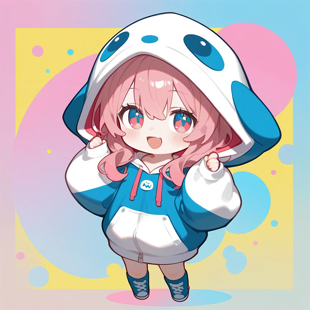 score_9,score_8_superior,score_7_superior,One girl,Pink Hair,alone,hood chibi,bangs,blush,smile,standing,full body,Open your mouth,In-person audience,hoodie,Wearing a hood,Long sleeve,Hair between the eyes,Sleeves are longer than your fingers,