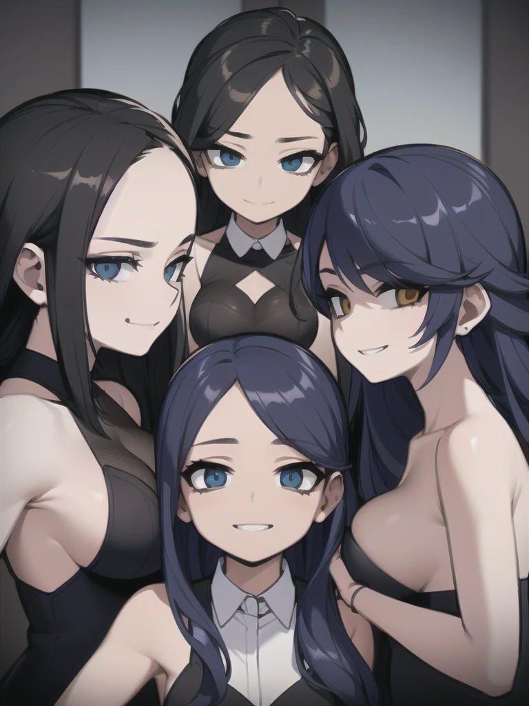 four sexy women who are wives of 4 years old boy, kindergarten teachers outfits, cute smiles, portrait, various vibrant hair colors