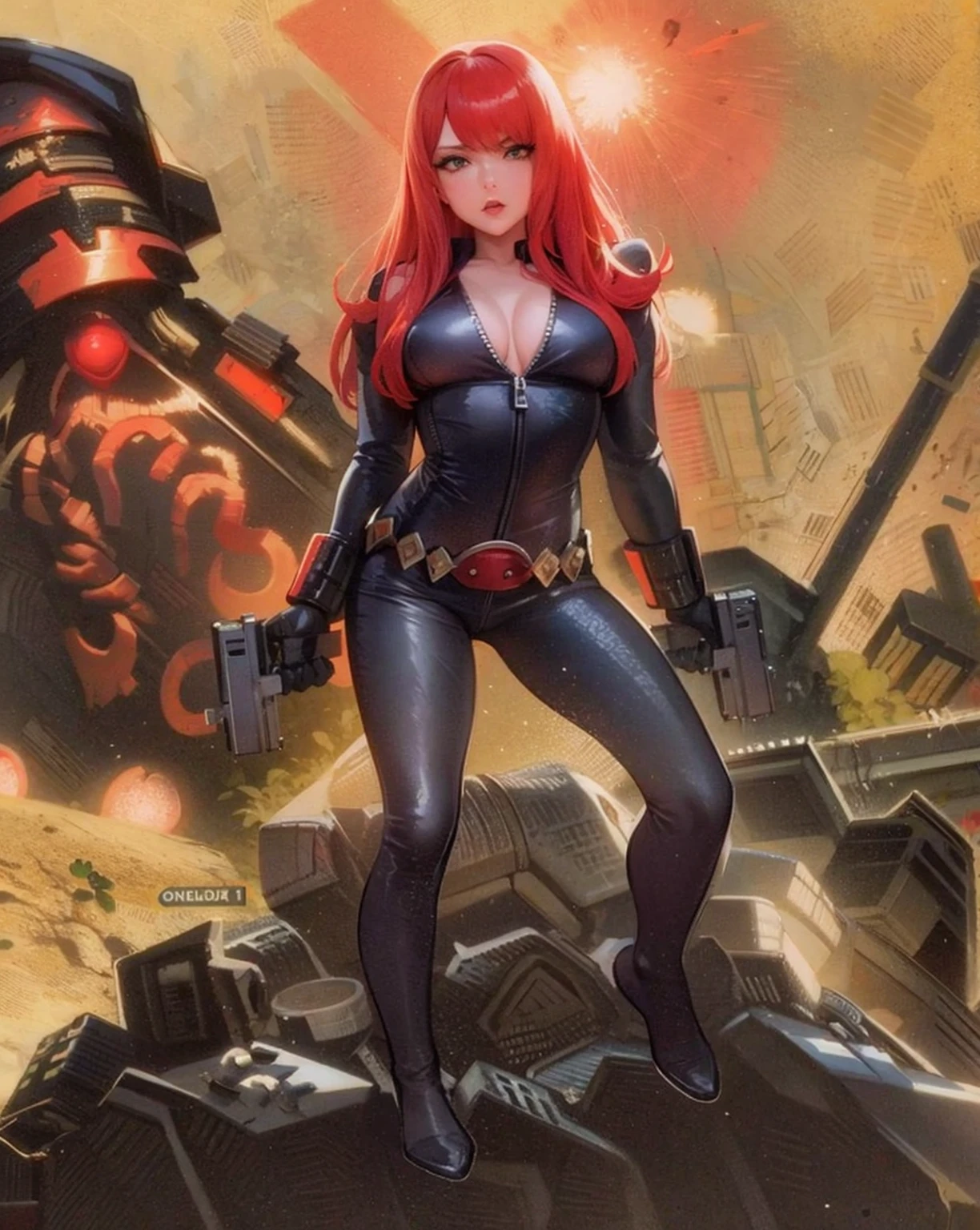 an anime girl with red hair, identified as Black Widow from Marvel comics. She's dressed in a sleek skin-tight shiny black latex bodysuit with a deep-cut zipper neckline revealing a large chest, the silver zipper running down the front paired with a golden belt and golden wrist guard, and she carries two guns. Posing on a pile of rubble, she seems prepared for battle amidst a war-torn city in ruins. The background includes detonations and a war scene, enhancing the ambiance of tension and destruction.