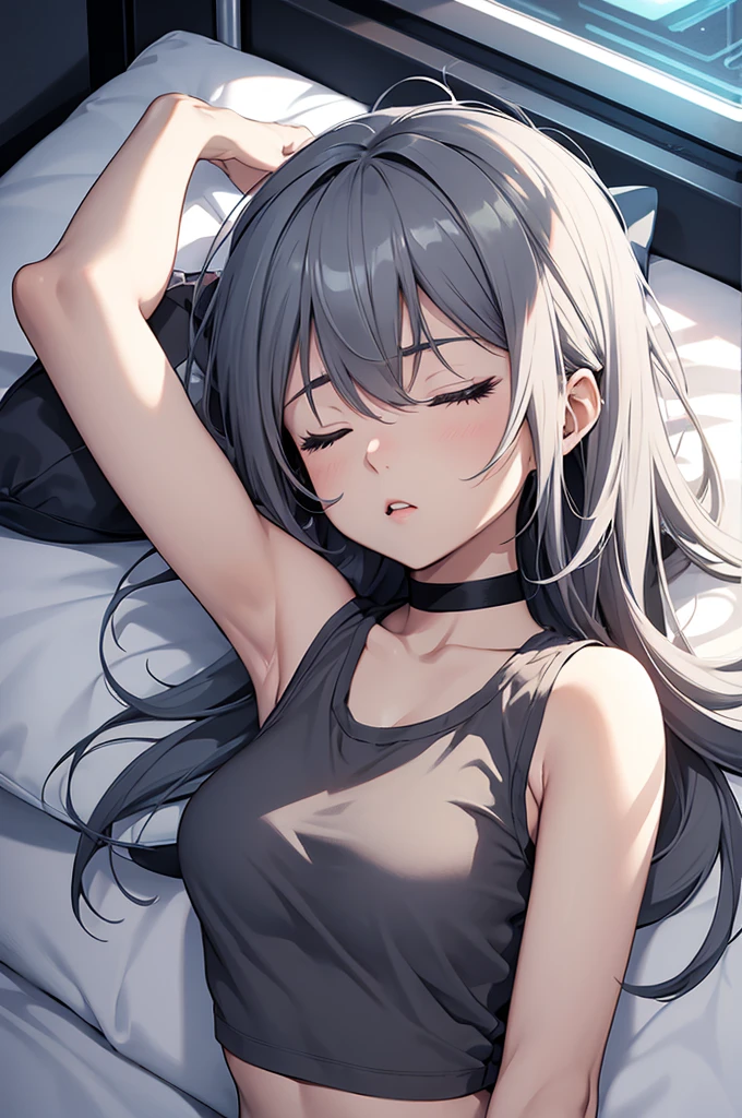 an anime girl , wearing grey tank crop top , sleeping in a futuristic bed , one hand behind her head , eyes closed , open mouth