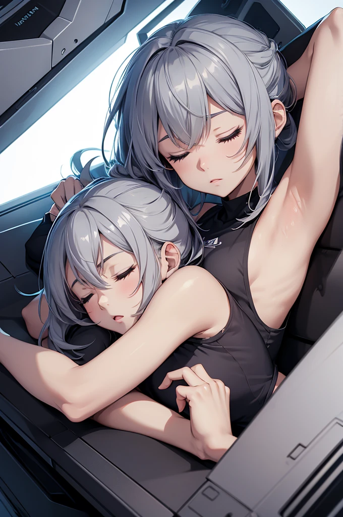 an anime girl , wearing grey tank crop top , sleeping in a futuristic bed , one hand behind her head , eyes closed , open mouth
