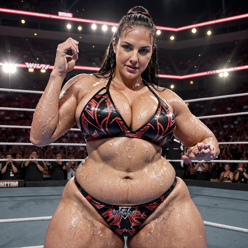 WWE wrestling CHAMPIONSHIP BELT , inside wrestling Ring, Stephanie McMahon, FULL WET BODY PICTURE, buffalo Pattern sexy thong bikini , wet BBW ,Wet curvy, chubby ,curvy,Busty, cleavage inside bra ,underarms,Lipstick ,Navel, Chubby, showing her curves. WrestleMania