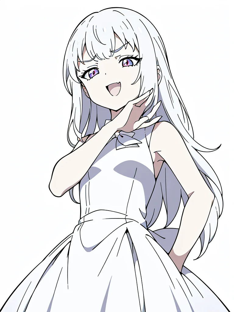 (1girl,8 years old,small),white hair,long hair,white dress, sleeveless, bow tie, bare shoulders,(white background,line drawing),(ojou-sama pose),angry,smile,upper body,looking at view,from below, hand on hip,squinted eyes,:D,evil smile,from below