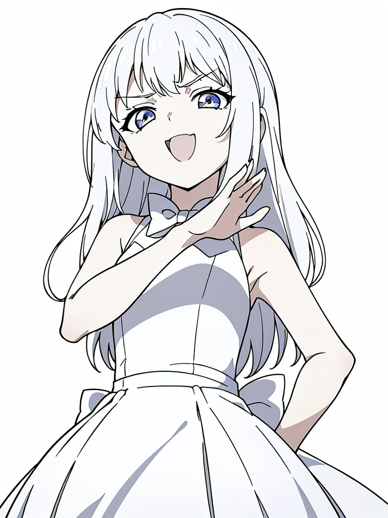 (1girl,8 years old,small),white hair,long hair,white dress, sleeveless, bow tie, bare shoulders,(white background,line drawing),(ojou-sama pose),angry,smile,upper body,looking at view,from below, hand on hip,squinted eyes,:D,evil smile,from below