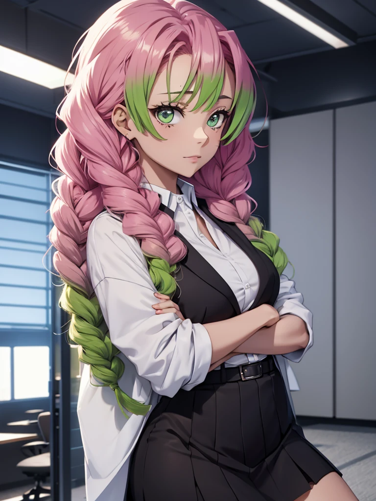 Mitsuri in demon slayer anime, 1woman, as an office lady, wearing office suit, black colour tight skirt, at an office, mitsuri's hair style, 8k, high detailed, high quality