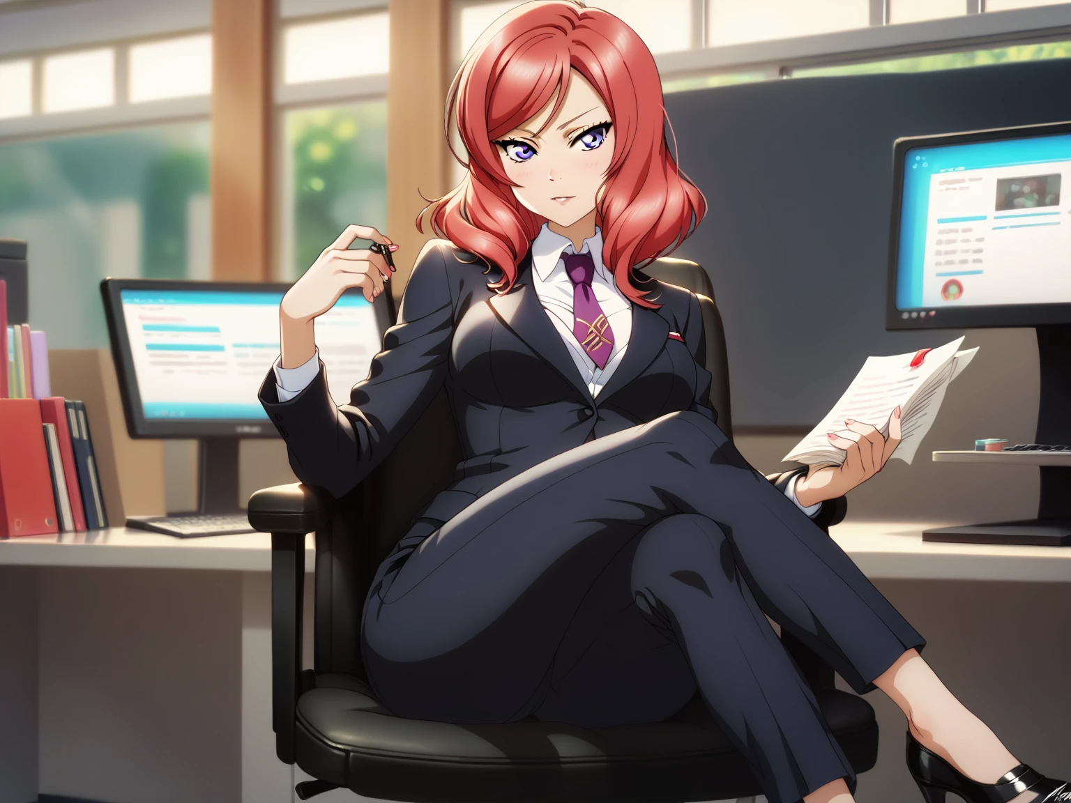 masterpiece, best quality,solo, nishikino maki,red hair, purple eyes, black formal suit, pants, sitting , crossed legs ,neck tie, Sexual seduction, sexualised ,in office , front view , busty breasts 
