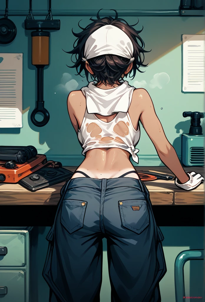 masterpiece, best quality, mature woman, messy hair, black hair, brunette gradient hair color, hot face, (tomboy face), tan skin, mature body, fit body, medium breasts, mechanic gloves, (dirty tank top), stained tank top, midriff, white bandana, mechanic pants, loose pants, workshop, (sweaty), bending over, towel around neck, back view, black thong lines, ripped pants, spreading legs