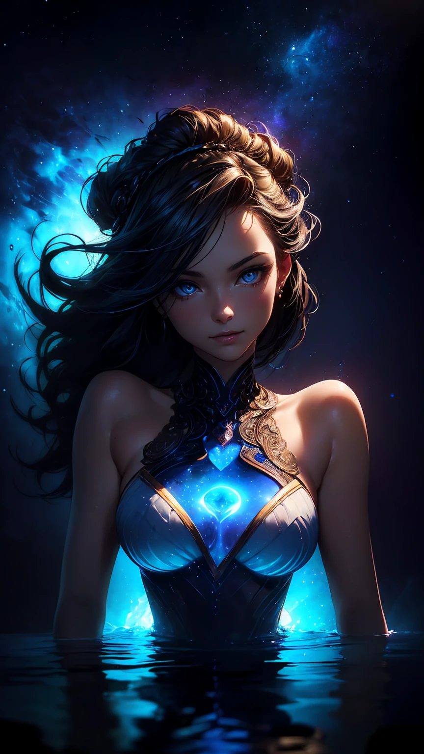 (8k, RAW photo, 最high quality, masterpiece:1.2), High-definition RAW color photo, professional photography, concept art, (((1 goddess))), (detailed), (small face), (high detail skin:1.2), cute face, beautiful appearance, (Hair shining in seven colors, blue colored eyes, long hair), (beautiful breasts), (slim body shape:1.4), Highly detailed face and skin texture, (((full body portrait))), ((goddess of the universe:1.2)), fascinating outer space, dramatic lighting, (Fantastic atmosphere:1.5), (Intelligent smile, beautiful), deep shadows and highlights, ((delicate and sacred:1.5, A dress with flowing light, transparent material)), romantic, astral body, governs time and space, Overflowing cosmic energy, ripples of energy, space fairy, star々spectacular cosmic background, reflective，refraction，beautiful skin, shiny skin, (((perfect fingers, five fingers, anatomically correct))), background bokeh, high quality, bright colors, ((award winning photography, Realistic light and shadow with attention to detail)), Immersive 3D rendering, Professional 3D artistry,