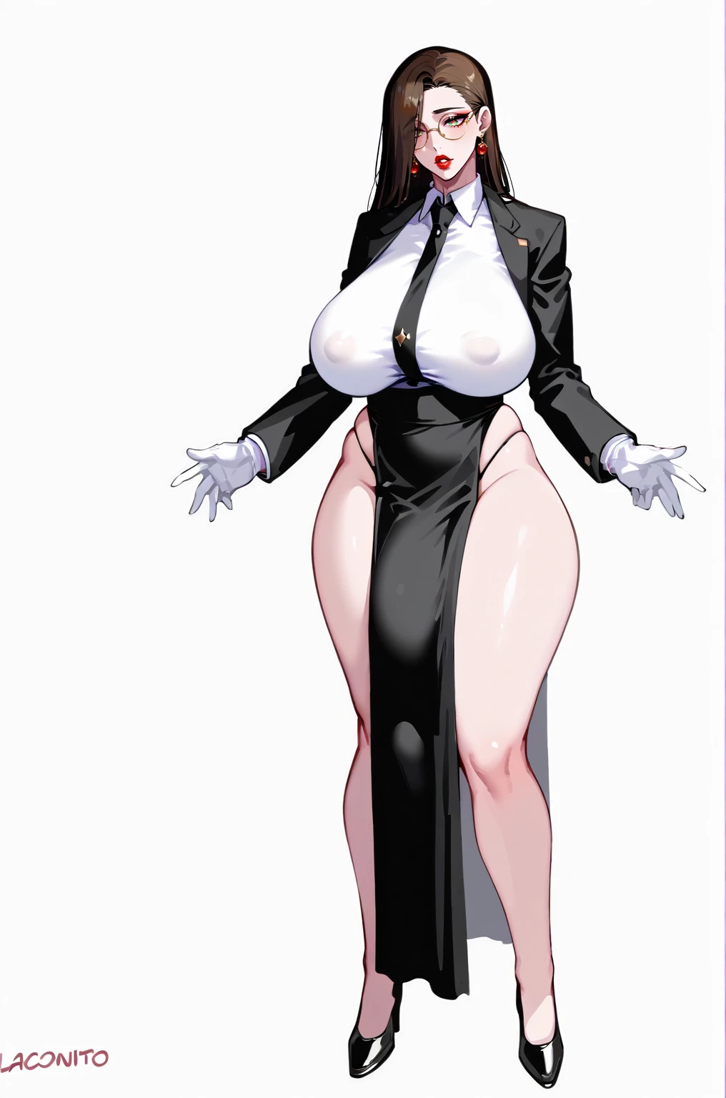 score_9,score_8_up,score_7_up, score_9,score_8_up,score_7_up, solo, ((full body)), ((lady becoming futanari)), (eyes looking down at her own schlong), formal secretary outfit, white gloves, ((black pelvic curtain skirt)), thong, hair covering one eye, glasses, expressive, dynamic, thick full red lips, bimbo lips, pouted lips, squinting eyes, seductive, alluring, sexy, aroused, huge breasts, sagging breasts, wide hips, thick thighs, detailed background, ((NSFW)),((gigantic growing futa bulge)), long futa, (pulsing futa), ((expanding futa)), ((long hidden schlong)), ((schlong erection:0.5)) ((schlong growing up:0.5)), ((schlong growing longer and longer:0.7))