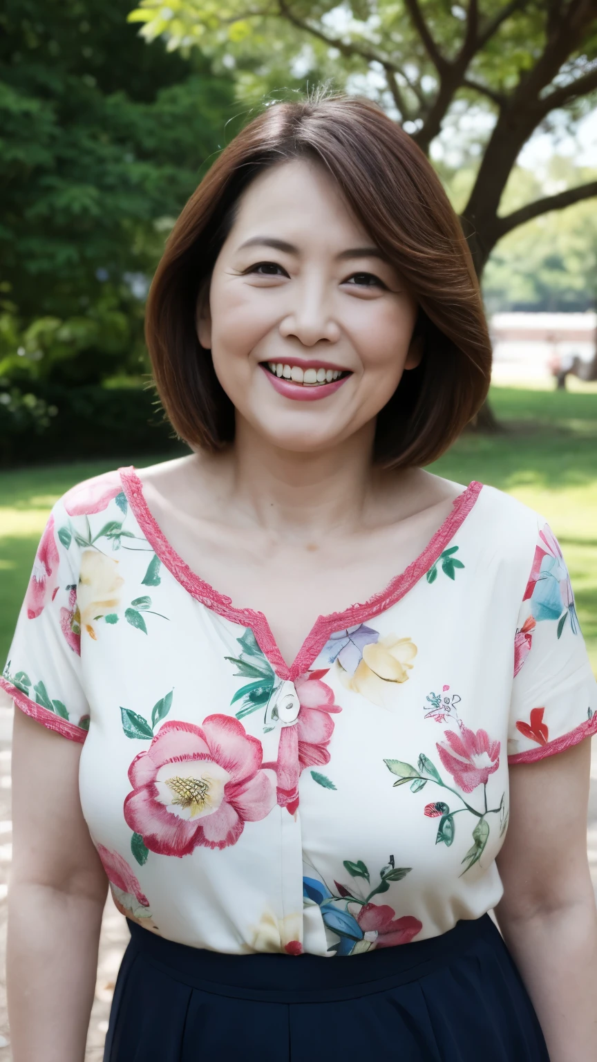 , Standing in the park, Wrinkles around the eyes, Smiling with teeth showing, Japanese painting, senior citizen, Draw lips correctly, Red lipstick, No discomfort, 16K, Highest quality, Very detailed, Realistic, Very detailed肌, (Japanese), (alone), 100 years old, Large Breasts, , Glamour, sexy, Chromo White Skin, Staring straight ahead,