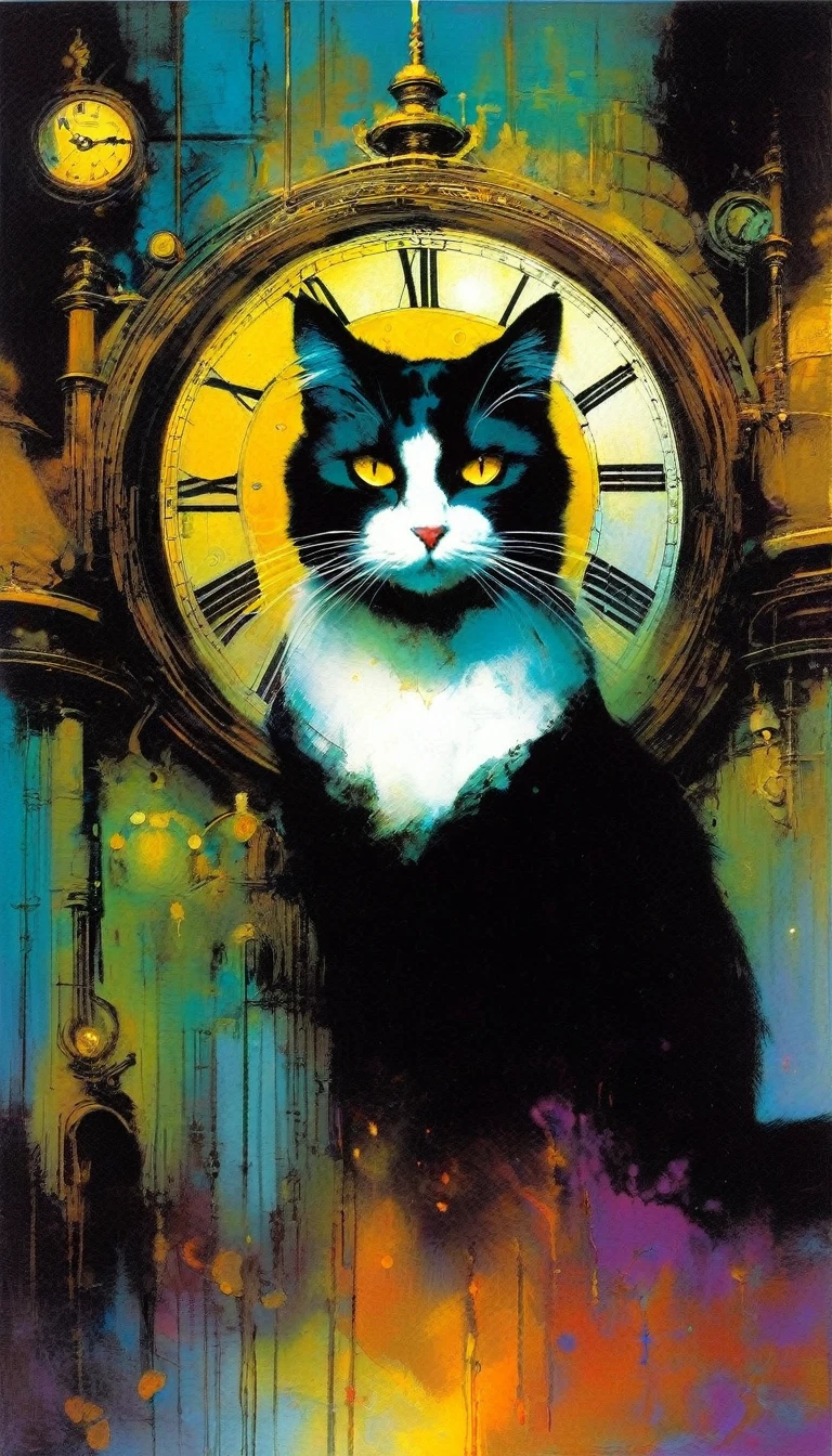 a cat in clockworld theme:1.5 (art inspired by Bill Sienkiewicz). oil painting)
