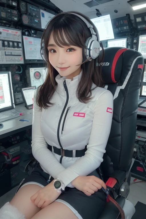 masterpiece, Highest quality, Very detailed, 8K Portrait,Japanese Android Girl,plump , Control panel,Robotic arms and legs, Blunt bangs,,break (Metallic Gray, Metallic luster, Mirror finish, Astro Best):5,headphone:5,break (Black sleeves):100,Smart Watches,Futuristic space station,Control Room,break headphone,blue eyes,(Black Hair):2,(Long Hair):1.3,Viewer Display,(respirator),break blush:3,Hidden Hand,smile