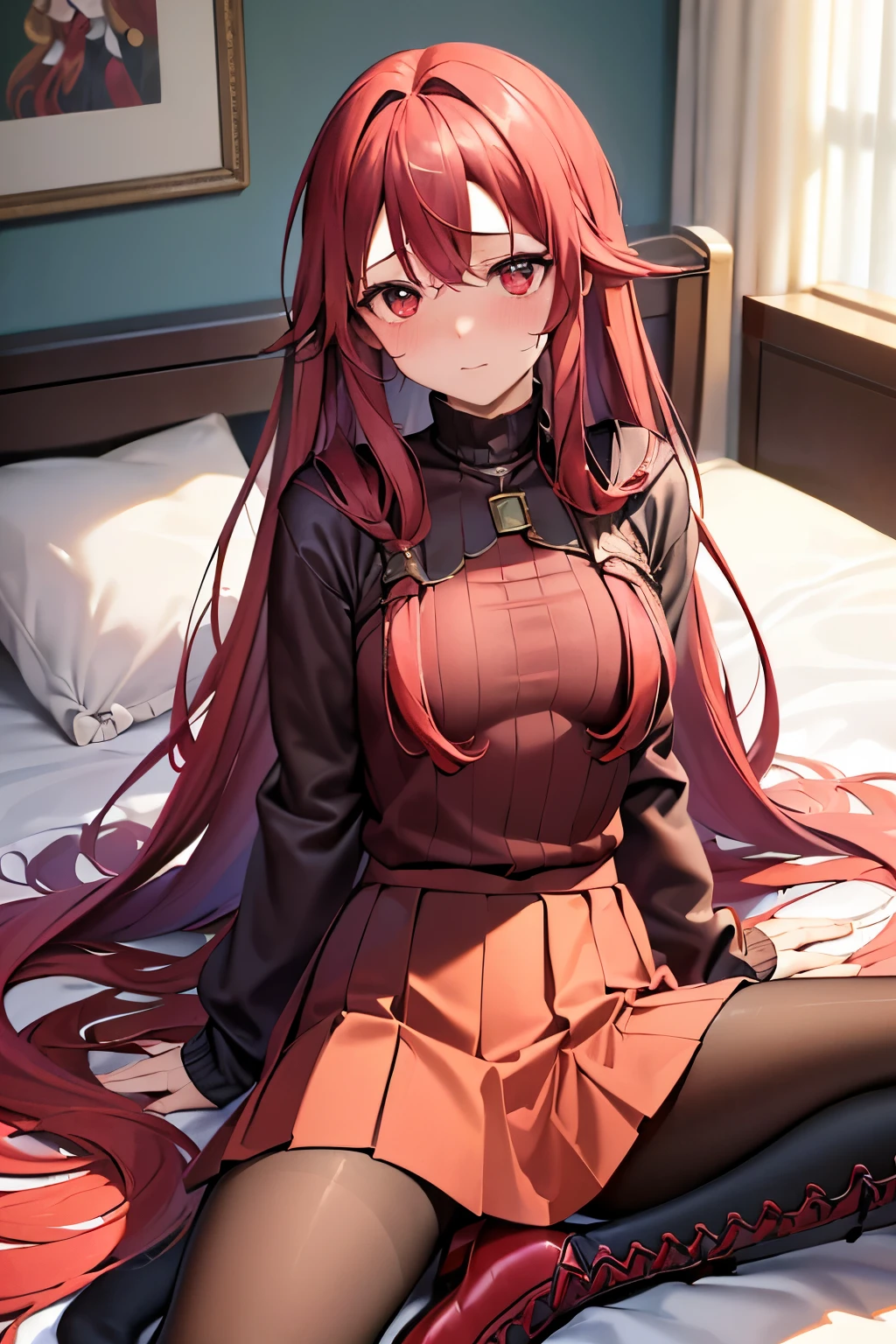 (Highest quality:1.1), (masterpiece:1.4), (Absurd:1.0), Portrait, Close-up,
One Girl、Atti、Red Hair、Red eyes、Long Hair、Medium chest、((Knitted outerwear))、Looking at the audience、Bedroom、(blush:1.2)、Embarrassed expression、((pantyhose))、((Spread your legs))、(boots)、((Pleated skirt))
