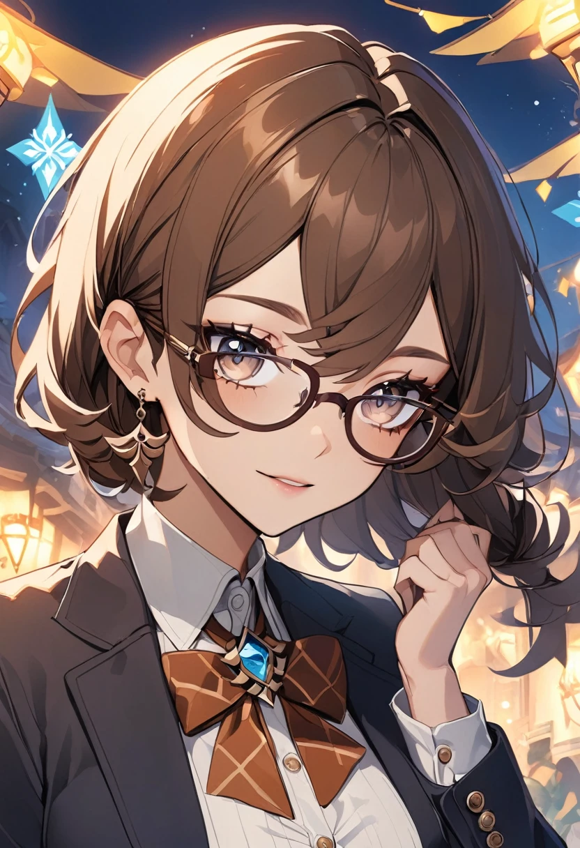 genshin impact style, girl with brown hair and glasses