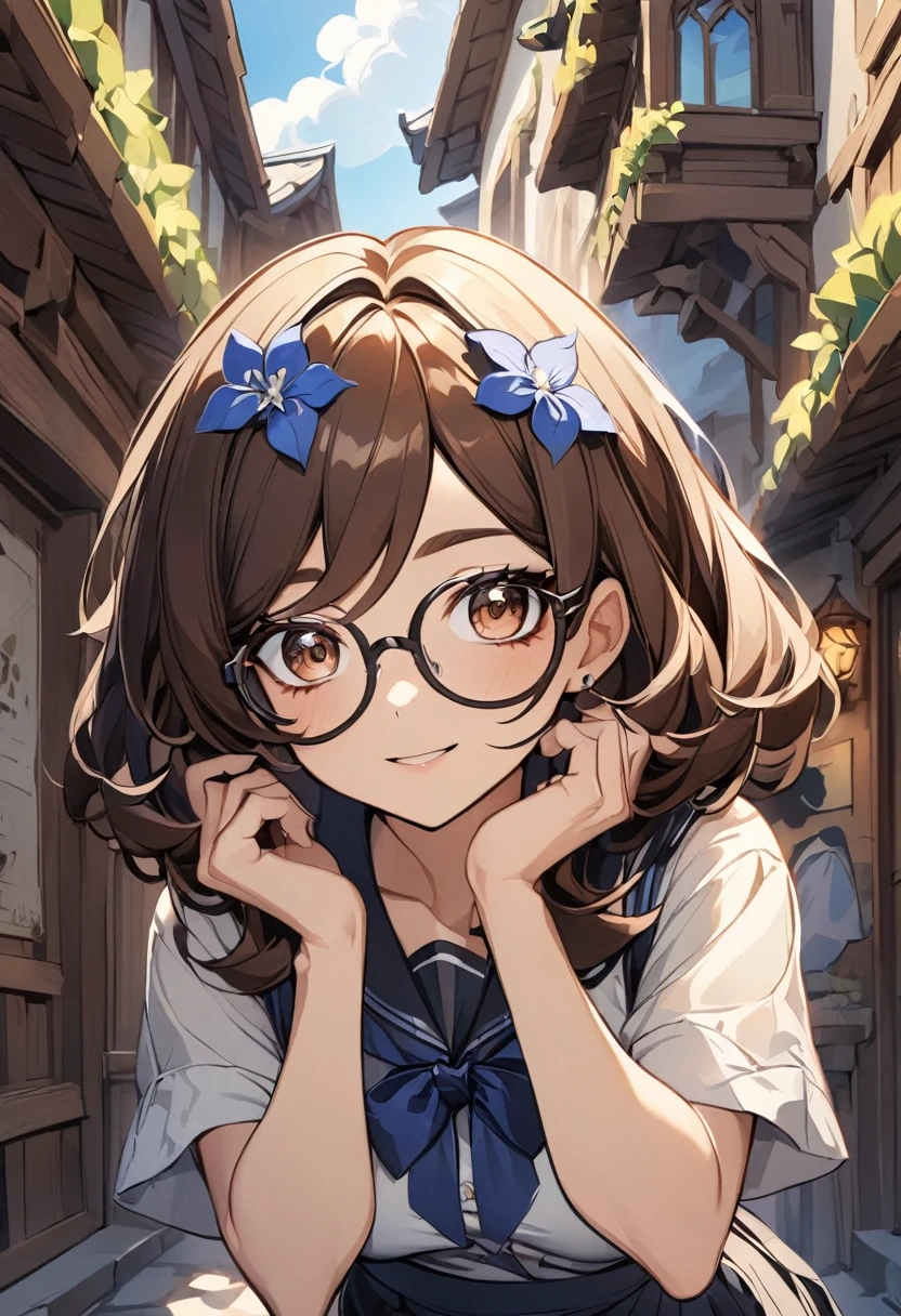 genshin impact style, girl with brown hair and glasses