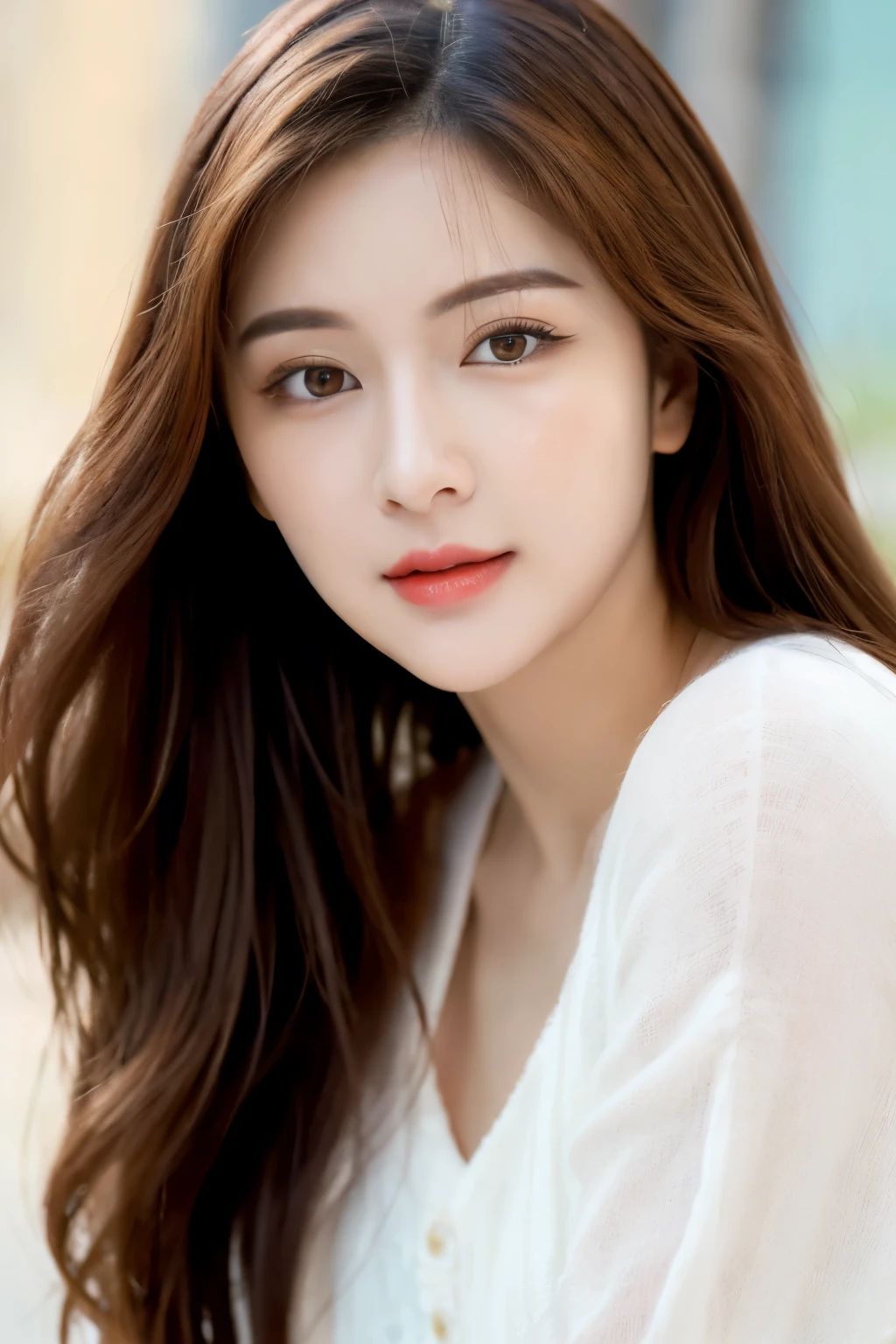 realistic, high resolution, 8k wallpapers, Complete dynamic configuration, Korean Background, beautiful detailed eyes, normal sized eyes, long straight hair, red hair vibrant lips, medium bust, Random and plain generic poses, random case, winked, 30 years old woman, Korean woman, (drooping eyes 1.2), (sagging eyebrows 1.2), very beautiful appearance, slim body, natural makeup, nsfw