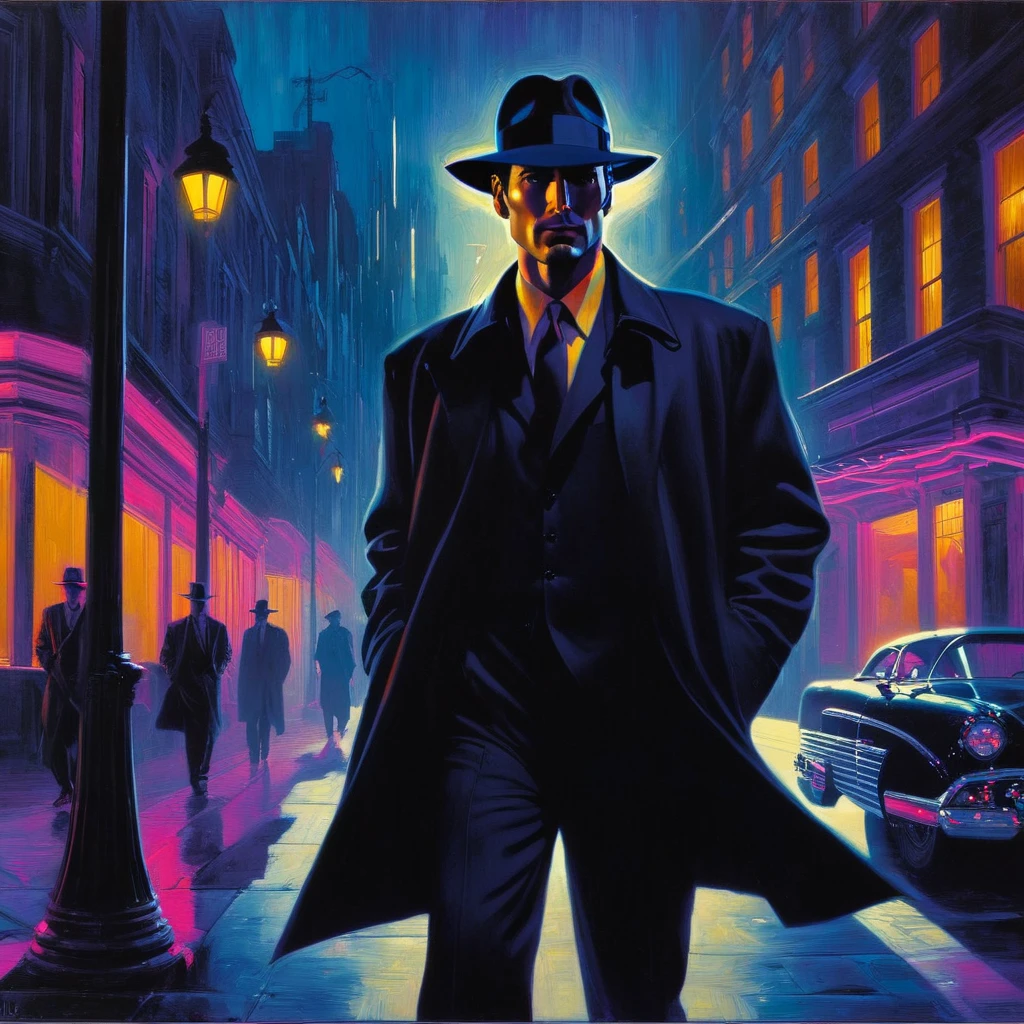 a painting of a man in a suit and hat walking down a street, neo - noir style, neo noir style, neo-noir, neo - noir, neo noir, noir detective and a fedora, john watkiss, noir detective, neo - noire, style of tim hildebrandt, style of raymond swanland, noir film world character design