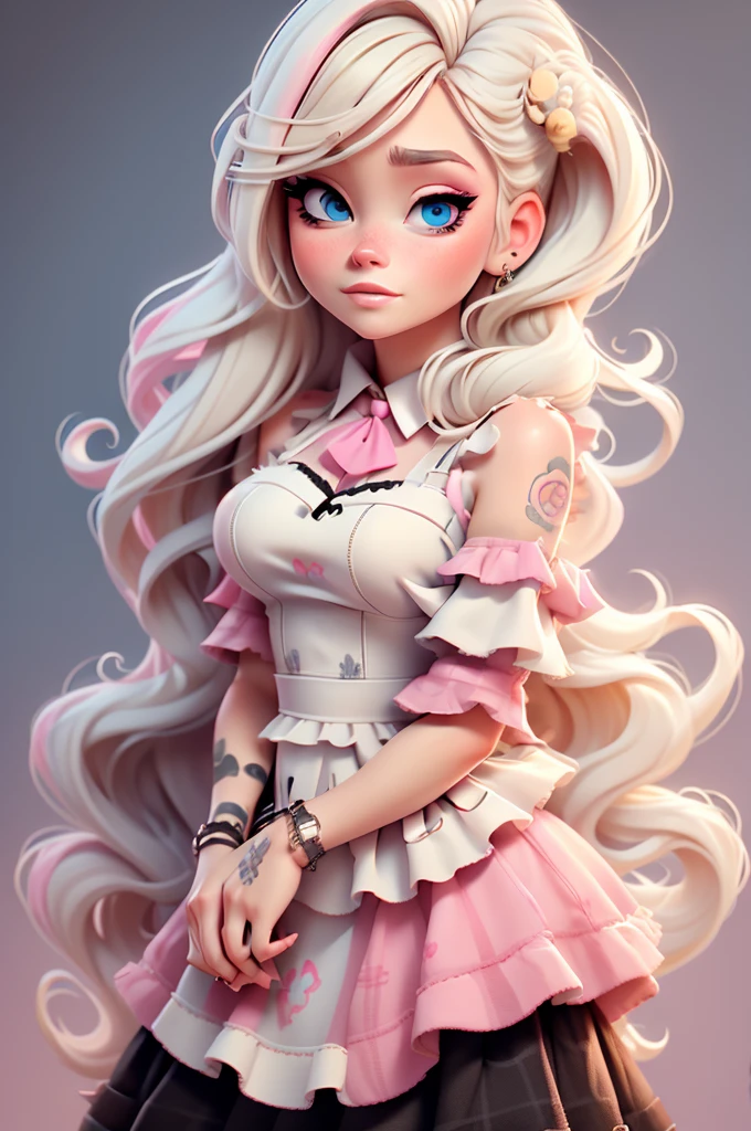 avril lavigne, plaid black and white dress, blue eyes, hair blonde and pink ombre, makeup, big eyelash, perfect, 8k, blonde, blonde, pink fushia, white background, yellow hair,